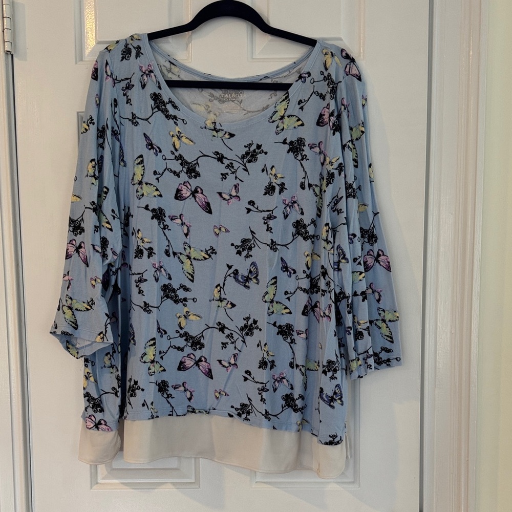 Talbots Blue Butterfly Print Blouse